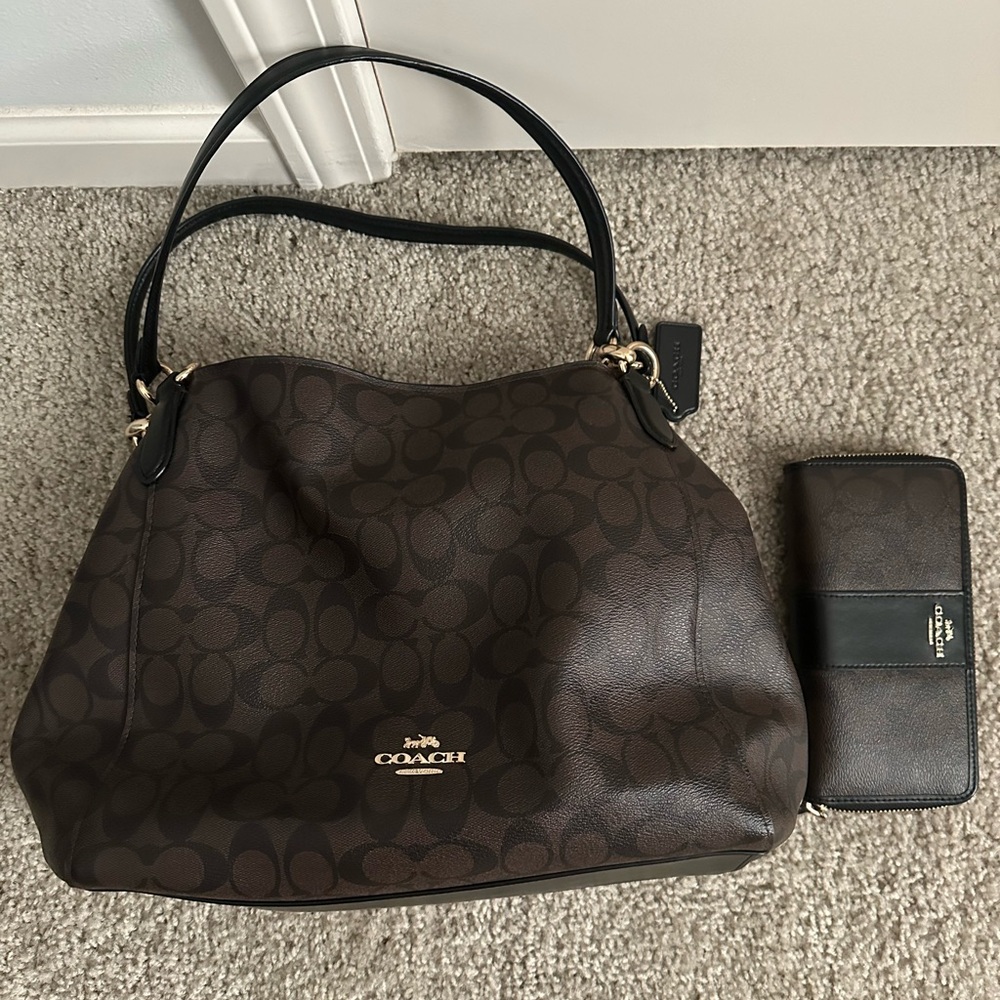 Coach Dark Brown and Black Shoulder Bag and wallet set